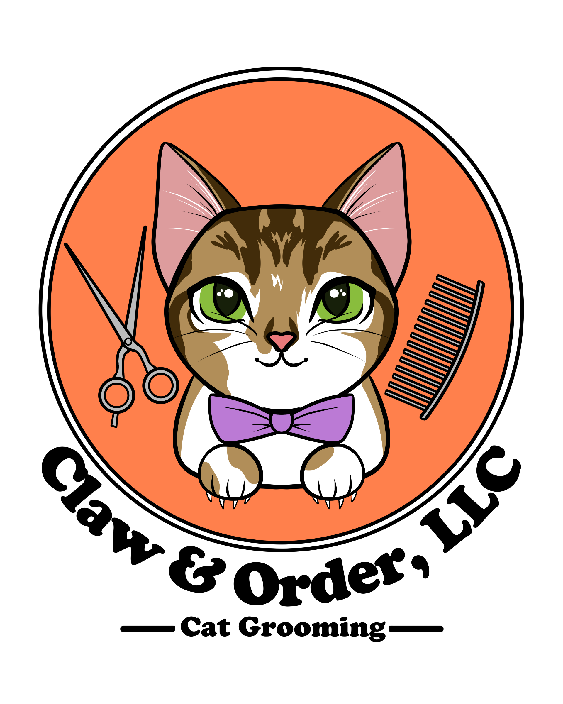 A cartoon cat in a bow tie, along with a pair of scissors and comb, set against an orange background.