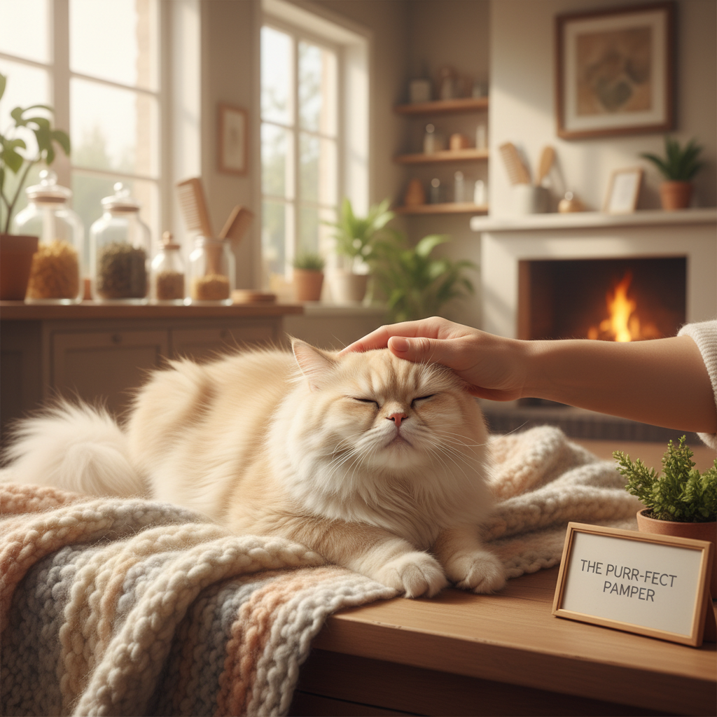 a warm, welcoming, compassionate scene suitable for a cat grooming spa, such as a gentle hand stroking a content, fluffy cat in soft natural light with cozy textures