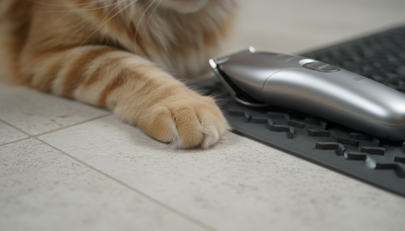 An elegant close-up of a meticulously brushed Maine Coon cat’s paw resting on a pale stone tile floor, showcasing the soft, healthy fur and perfectly trimmed claws. Next to the paw, a sleek, modern clipper with a matte silver finish lies on a textured gray silicone mat. Ambient overhead lighting casts subtle, diffuse shadows, accentuating the textures and keeping the focus crisp and clear on both the paw and tool. The mood is calm, precise, and reassuring, capturing the site’s emphasis on safety and gentleness. The image uses a shallow depth of field with tight, vertically oriented framing to create a sense of refined professionalism and detail-oriented care, with a clean, neutral-toned, modern photographic style.