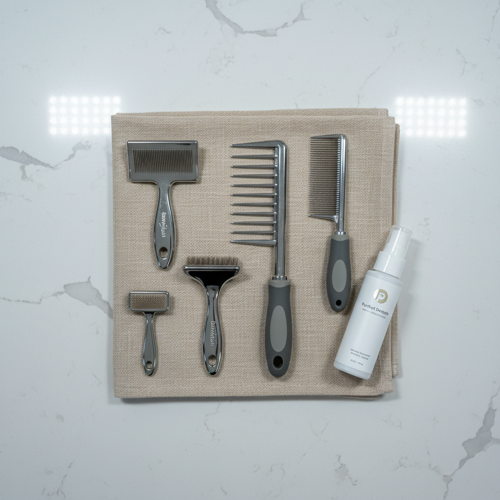 A collection of premium cat grooming tools—polished stainless steel brushes, wide-toothed combs with rubber grips, and a high-grade detangling spray bottle—arranged with geometric precision on a folded, sand-colored towel. The tools are set on a matte quartz countertop, their metallic and plastic surfaces shining under crisp, overhead daylight-mimicking LED panel lights. The space around the towel is uncluttered, with a structured arrangement giving the image a sense of professionalism and care for detail. The composition uses a top-down, flat-lay perspective with balanced spacing between items, clean lines, and a cool neutral palette, exuding calm efficiency and the reliable expertise of a cat grooming spa.