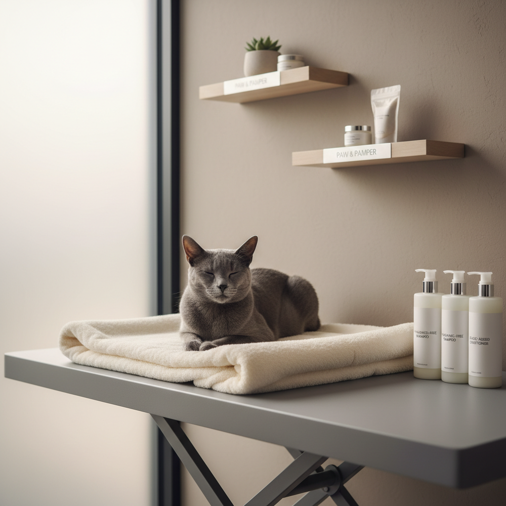 A luxurious, plush gray grooming station lined with hypoallergenic, ultra-soft microfiber towels, where a calm, sleek Russian Blue cat lounges comfortably beside a selection of fragrance-free shampoos and organic aloe-based conditioners. The setting includes a softly textured, taupe feature wall and minimal shelving with subtle branded accents. Gentle, filtered natural light from a frosted glass window creates a soothing, even illumination, highlighting the cat’s velvety fur and the fabric’s tactile richness. The atmosphere is tranquil and reassuring, communicating feline comfort and the spa’s commitment to a gentle grooming experience. Photographed from a mid-level, three-quarter angle, the composition maintains a structured, professional feel with a photographic realism and corporate, spa-like aesthetic.